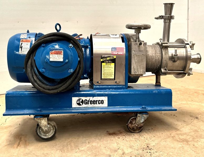 GREERCO Model W500H In-Line Colloid Mill/High Shear Mixer. Horizontally mounted. Has stainless steel adjustable rotor/stator.  Inlet hopper.  Portable, on wheels/casters. 10 HP.  Last used in Sanitary Food application.